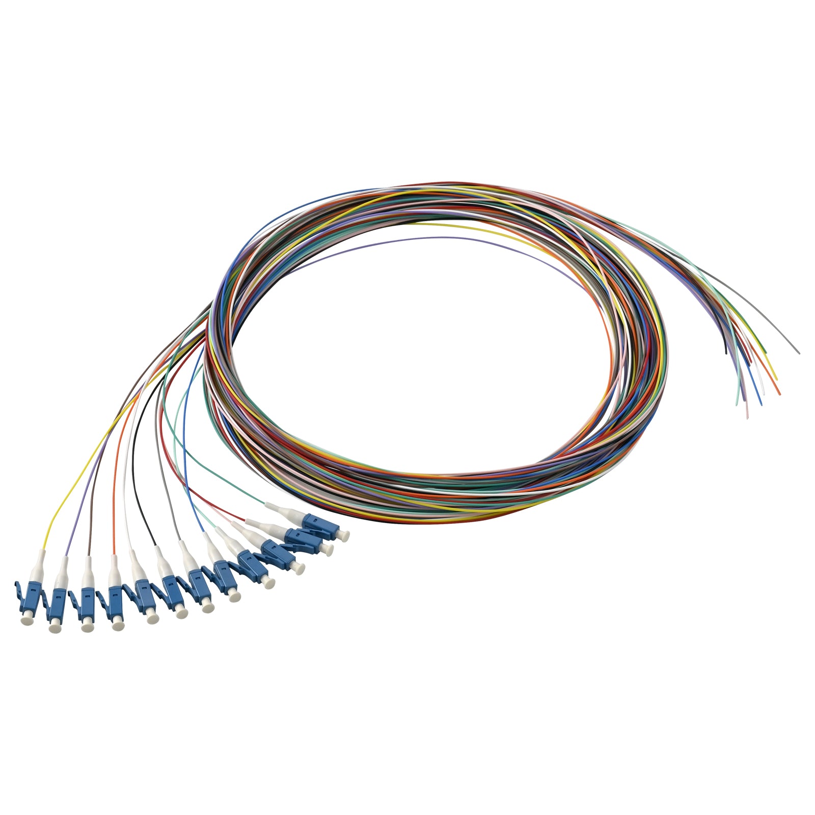 Pigtail LC/UPC 12 colors Singlemode OS2 9/125 G657A1 0.9mm OFNR 3M, tight buffer